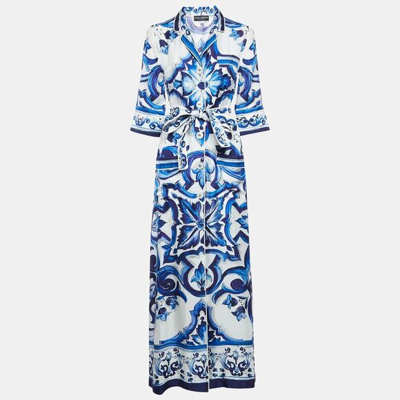 Dolce & Gabbana White/blue Majolica Print Silk Shirt Dress Xs